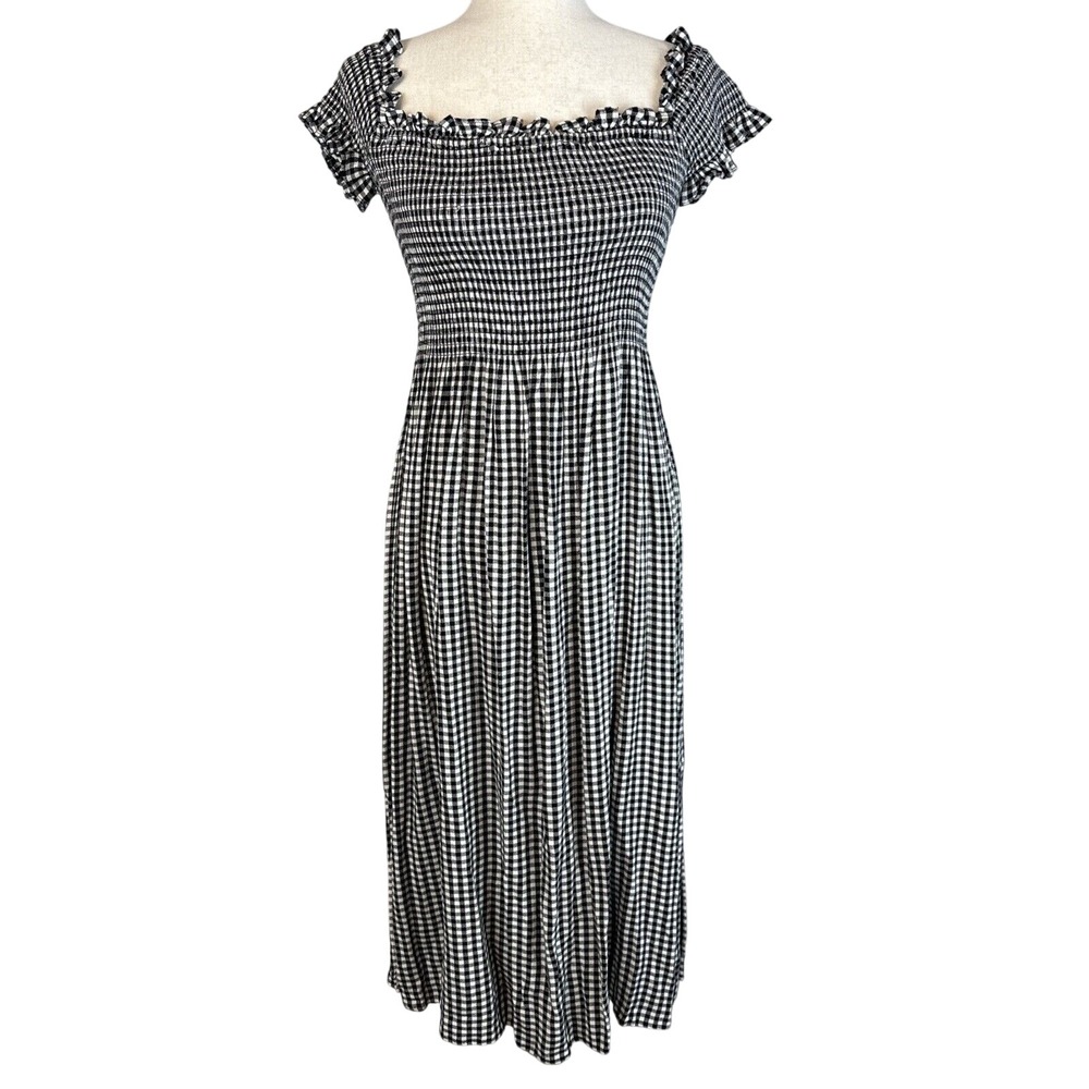Bardot Cindy Off Shoulder Midi Dress Size 6 S Black Gingham Smocked Babydoll